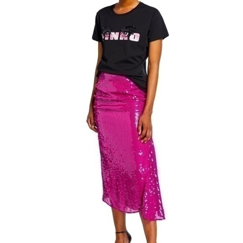 PINKO Sequined Eyes Logo Tee T-shirt in black w/ pink Italy pure 100% cotton XS - Picture 1 of 13
